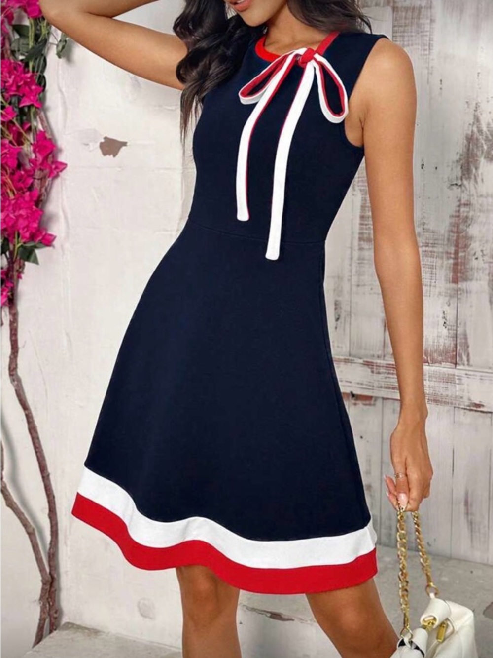 NWOT Sleeveless Navy A-Line Dress with Bow Knot, Red & White Trim - size 8/10